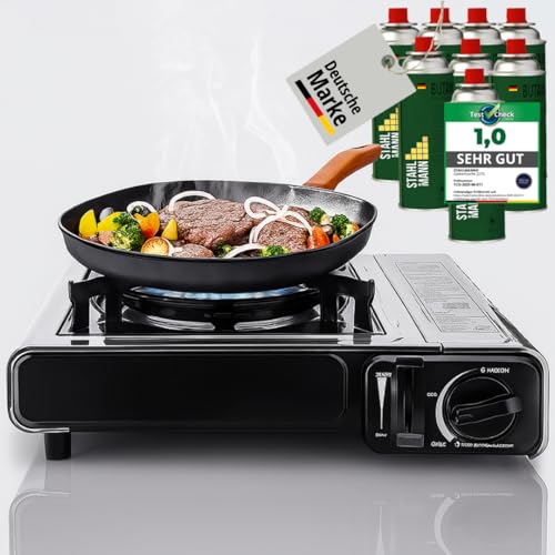 SEHR BELIEBT!!! Edeslstahl Gaskocher inkl. 8 Kartuschen - Campingkocher mit Piezozündung - Camping Gaskocher stufenlos regulierbar - Gaskocher Camping 1-Flammig (8 Kartuschen) von Green Camp