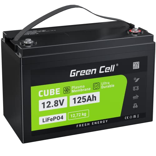 Green Cell LiFePO4 125Ah 12.8V Batterie 1600Wh Lithium Akku Eingebautes BMS, 10 Jahre Lebensdauer, über 5500+ Zyklen, Unterstützung in Serie/Parallelschaltung für Wohnmobile, Boot von Green Cell
