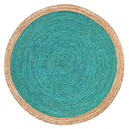 Green Decore Handgefertigte geflochtene runde Naturfaser Jute Teppich, Natur (180 cm Durchmesser, Oculus Turquoise) von Green Decore