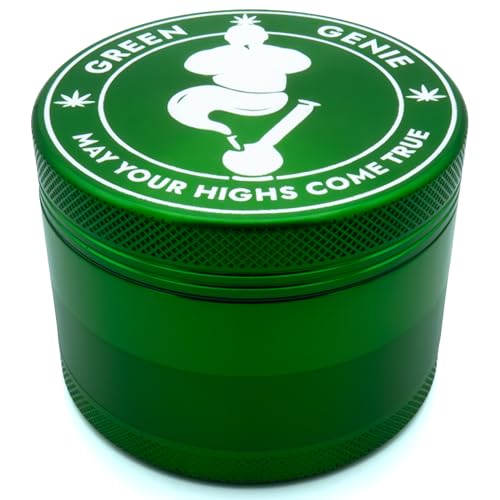 Green Genie Premium Aluminium Grinder - Grün - ⌀63mm groß - inkl. Pollenschaber und hochwertiger Tragetasche von Green Genie may your highs come true