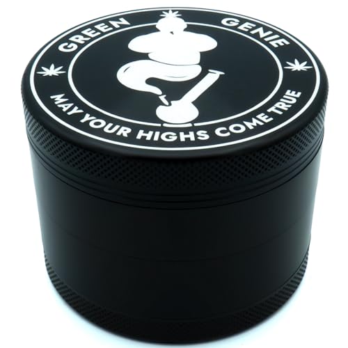 Green Genie Premium Aluminium Grinder - Schwarz - ⌀63mm groß - inkl. Pollenschaber und hochwertiger Tragetasche von Green Genie may your highs come true