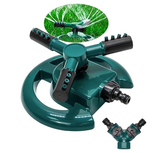 Green Haven Sprinkler 360° Drehung Aufsatz für Gartenschlauch, Premium Automatischer Rasenwassersprinkler mit 3 Armen, Große Abdeckung Wassersprinkler für Rasen, Blau Grün von Green Haven