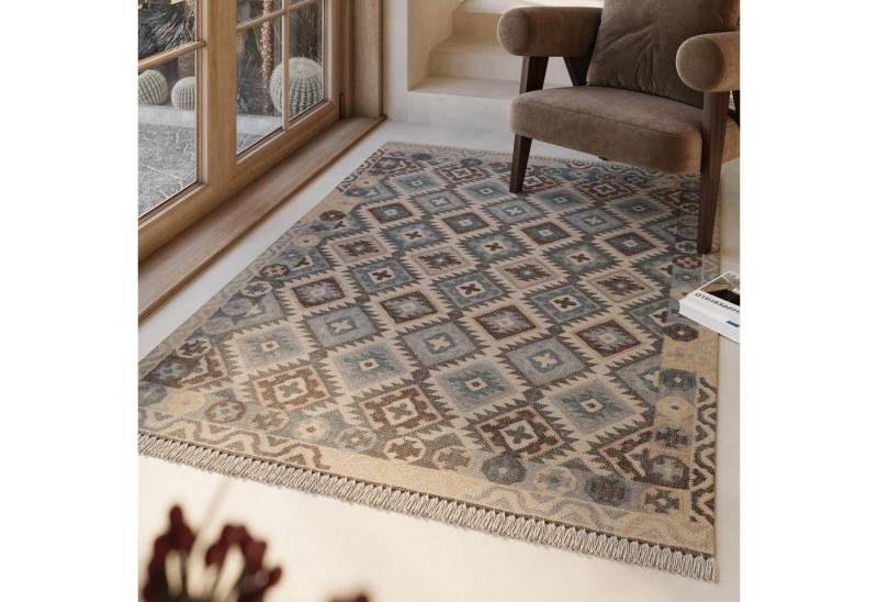 Green Looop Wollteppich Migny, rechteckig, Höhe: 5 mm, Fransen, Kelim, handgewebt, Natur, Wohnzimmer, Schlafzimmer, Raute von Green Looop