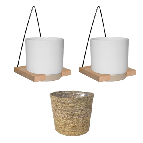 Green Me Up 3er Blumentopf Set | 2X Keramikübertopf Weiß (13 cm), 1x Seegraskorb Natur (14 cm) | hängende Blumenkübel für Pflanzen und Kräuter | Boho Deko von Green Me Up