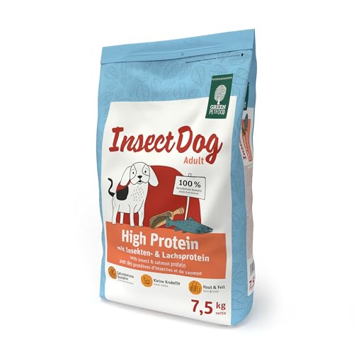 Green Petfood InsectDog High Protein (1 x 7,5 kg) | Adult | Premium Trockenfutter für ausgewachsene aktive Hunde | Lachs- & Insektenprotein & roten Linsen | kleine Krokette | getreidefrei | 1er Pack von Green Petfood