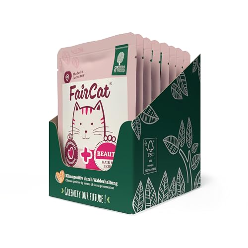 Green Petfood FairCat Beauty (8 x 85 g), getreidefreies Katzenfutter, Katzennassfutter mit Tierwohl-Hühnchen und Lachs aus argerechter Haltung, Katzenfutter mit Hanföl für schönes Fell, 8er-Pack von Green Petfood