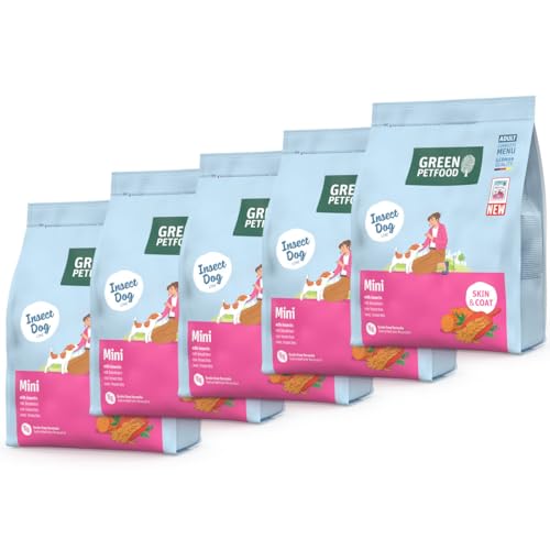 Green Petfood InsectDog Mini mit Insekten (5 x 900 g) | Adult Mini | Premium Trockenfutter für ausgewachsene kleine Hunde | Süßkartoffel & Erbse | getreidefrei | extrakleine Kroketten | 5er Pack von Green Petfood