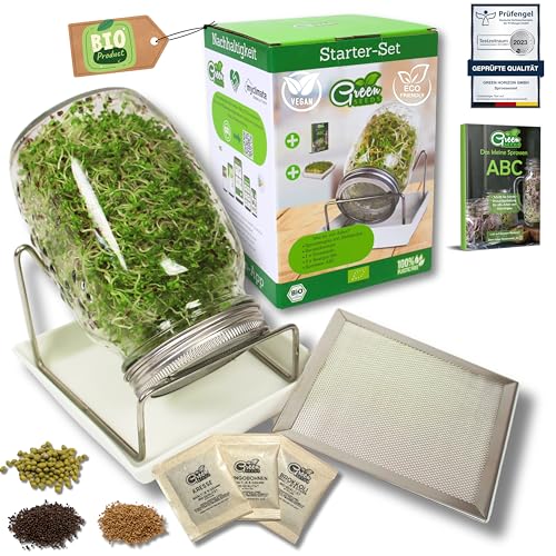 Green SEEDS® [Das Original Sprossenglas Starter-Set + KRESSESIEB | 1000ml mit hochwertigem Edelstahl-Gitterdeckel, Ständer, Keramikschale + Sprossen-ABC [Druckversion] Keimglas Anzuchtschale von Green SEEDS