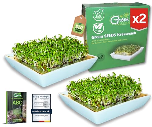 Green SEEDS® Kressesieb 2er Set [Das Original] | Edelstahlsieb mit hochwertiger Keramikschale nachhaltig verpackt | Anzuchtschale 14 x 14cm + Sprossen-ABC | Kresseschale Cress Keimschale von Green SEEDS