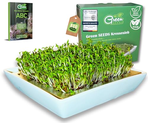 Green SEEDS® Kressesieb 1er Set | Edelstahlsieb mit hochwertiger Keramikschale | Anzuchtschale 14 x 14cm Spülmaschinenfest u. Rostfrei + Sprossen-ABC (E-Book) von Green SEEDS