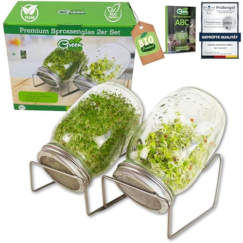 Green SEEDS Sprossenglas Keimglas 2er Set 1000ml mit hochwertigem Edelstahl-Gitterdeckel, Ständer + GRATIS Sprossen-ABC [Druckversion] von Green SEEDS