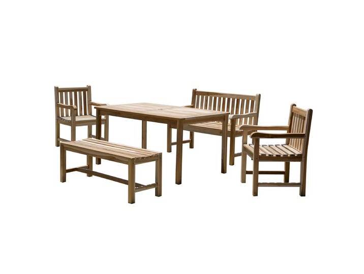 Garten Sitzgruppe Teak Holz, für 6 Personen, 2 Armlehnstühle, 2 Bänke, 1 Tisch - Gartenmöbel Set, Gartengarnitur von Green-Spirit