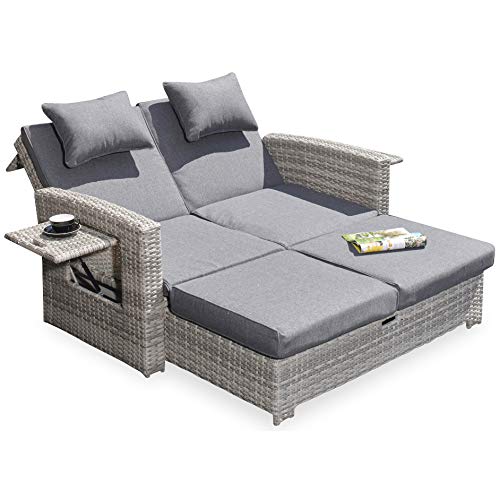 Green Spirit - Garten Multifunktions-Sofa Sunny - Hellgrau, Poly-Rattan, Wetterfest, Seitenablagen - Garten-Sofa, Garten-Bank bis Garten-Bett, Garten-Liege - für Terrasse, Garten, Balkon & Outdoor von Green Spirit