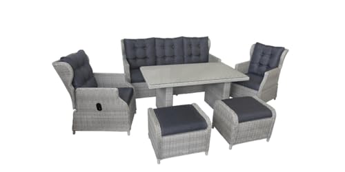 Green Spirit - Garten Sitzgruppe Bilbao - Hellgrau, Polyrattan, für 7 Personen, Wetterfest, Gartenmöbel-Set mit 3-Sitzer Sofa, Tisch, 2 Sessel und 2 Hocker - Dining-Lounge, Garten-Essgruppe von Green Spirit