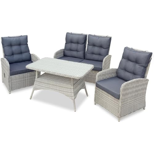 Green Spirit - Garten Sitzgruppe Monte Carlo - Grau, Polyrattan, für 4 Personen, Sicherheitsglas, Wetterfest, Gartenmöbel-Set 4 teilig mit Bank, Tisch, 2 Sessel - Dininglounge-Set, Garten-Essgruppe von Green Spirit