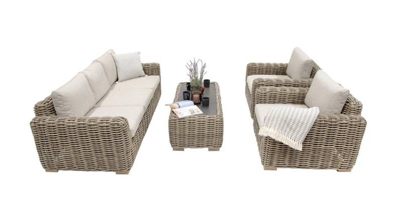 Green Spirit Gartenlounge-Set »Trinidad« Lounge Set Rattan Loungemöbel Sitzgruppe Gartenmöbel Gruppe, (Set, 4-tlg., 1 3-Sitzer Sofa, 2 Sessel und 1 Tisch, inkl. Sitz- und Rückenkissen), Polyrattan, beige, 5 Personen, wetterfest, Garten, Terrasse, Outdoor von Green Spirit