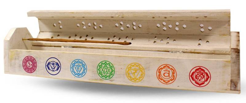 Green Tree Räucherstäbchen-Halter Räucherstäbchenhalter India Truhe "7 Chakren" Holz weiß 30x6cm von Green Tree