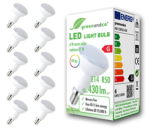 greenandco 10x CRI 90+ LED Lampe ersetzt 37 Watt R50 E14 matt, 6W 430 Lumen 3000K warmweiß 160° 230V AC, flimmerfrei, nicht dimmbar, 2 Jahre Garantie von greenandco