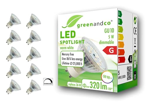 greenandco 10x CRI 90+ GU10 LED Spot dimmbar, 5W 320 lm 110° 3000K warmweiß 230V, flimmerfrei, 2 Jahre Garantie von greenandco