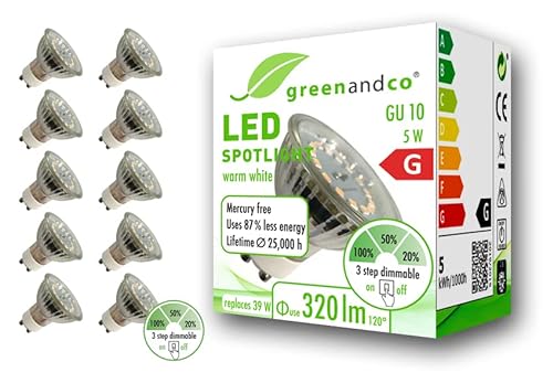 10x greenandco® CRI 90+ GU10 LED Spot dimmbar ohne Dimmer, 5W 320 lm 110° 3000K warmweiß 230V, flimmerfrei, 2 Jahre Garantie von greenandco
