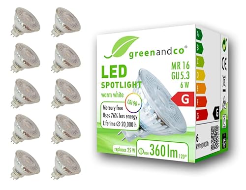 10x greenandco® CRI 90+ MR16 GU5.3 LED Spot, 6W 360 lm 110° 3000K warmweiß 12V AC/DC, nicht dimmbar, 2 Jahre Garantie von greenandco