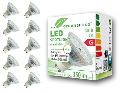 10x greenandco® CRI 90+ GU10 LED Spot, 5W 350 lm 110° 4000K neutralweiß 230V, flimmerfrei, nicht dimmbar, 2 Jahre Garantie von greenandco