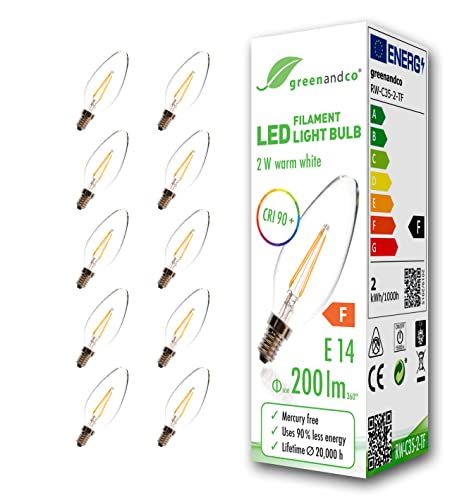 greenandco 10x CRI90+ Glühfaden LED Lampe ersetzt 20 Watt E14 Kerze, 2W 200 Lumen 2700K warmweiß Filament Fadenlampe 360° 230V AC nur Glas, nicht dimmbar, flimmerfrei, 2 Jahre Garantie von greenandco