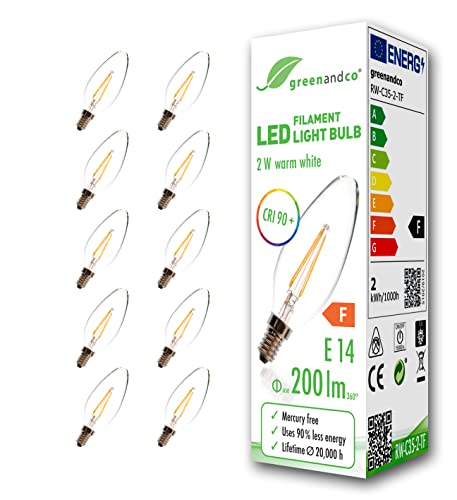 greenandco 10x CRI90+ Glühfaden LED Lampe | klar | ersetzt 20 Watt E14 Kerze | 2W 200 Lumen | 2700K warmweiß | Filament Fadenlampe | 360° 230V AC | nicht dimmbar | flimmerfrei | 2 Jahre Garantie von greenandco