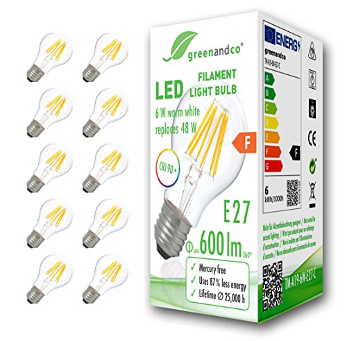 10x greenandco® CRI90+ Glühfaden LED Lampe ersetzt 48 Watt E27 Birne, 6W 600 Lumen 2700K warmweiß Filament Fadenlampe 360° 230V AC nur Glas, nicht dimmbar, flimmerfrei, 2 Jahre Garantie von greenandco
