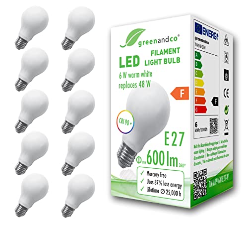 10x greenandco® CRI90+ Glühfaden LED Lampe ersetzt 48 Watt E27 Birne matt, 6W 600 Lumen 2700K warmweiß Filament Fadenlampe 360° 230V AC nur Glas, nicht dimmbar, flimmerfrei, 2 Jahre Garantie von greenandco