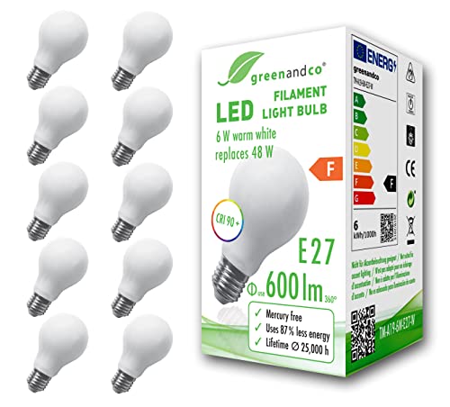 greenandco 10x CRI90+ Glühfaden LED Lampe | matt | ersetzt 48 Watt E27 Birne, 6W 600 Lumen | 2700K warmweiß | Filament Fadenlampe | 360° 230V AC | nicht dimmbar | flimmerfrei | 2 Jahre Garantie von greenandco