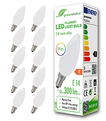 10x greenandco® CRI90+ LED Lampe ersetzt 28 Watt E14 Kerze matt, 3W 300 Lumen 2700K warmweiß Filament Fadenlampe 360° 230V AC nur Glas, nicht dimmbar, flimmerfrei, 2 Jahre Garantie von greenandco