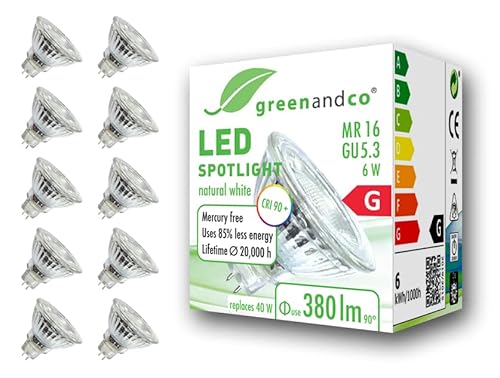 greenandco 10x CRI 90+ MR16 GU5.3 LED Spot, 6W 380 lm 36° 4000K neutralweiß 12V AC/DC, nicht dimmbar, 2 Jahre Garantie von greenandco