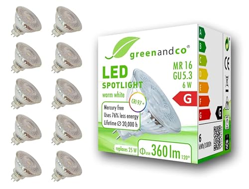 greenandco 10x CRI 97+ MR16 GU5.3 LED Spot, 6W 360 lm 110° 2700K warmweiß 12V AC/DC, nicht dimmbar, 2 Jahre Garantie von greenandco