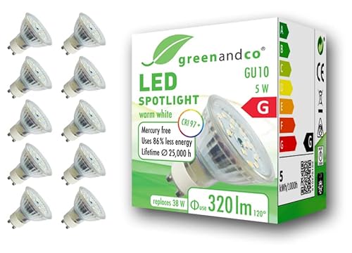 10x greenandco® CRI 97+ GU10 LED Spot, 5W 320 lm 110° 2700K warmweiß 230V, flimmerfrei, nicht dimmbar, 2 Jahre Garantie von greenandco