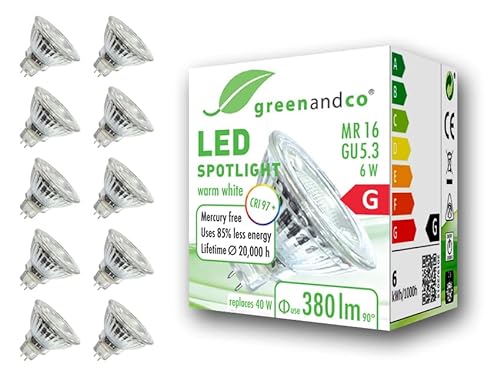 10x greenandco® CRI 97+ MR16 GU5.3 LED Spot, 6W 380 lm 36° 2700K warmweiß 12V AC/DC, nicht dimmbar, 2 Jahre Garantie von greenandco