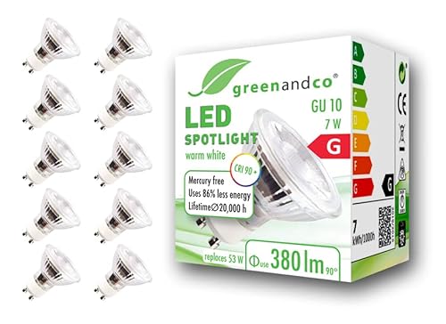 10x greenandco® CRI 97+ GU10 LED Spot, 7W 380 lm 36° 2700K warmweiß 230V, flimmerfrei, nicht dimmbar, 2 Jahre Garantie von greenandco