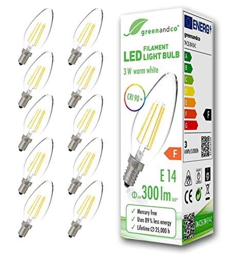 10x greenandco® CRI90+ Glühfaden LED Lampe ersetzt 28 Watt E14 Kerze, 3W 300 Lumen 2700K warmweiß Filament Fadenlampe 360° 230V AC nur Glas, nicht dimmbar, flimmerfrei, 2 Jahre Garantie von greenandco