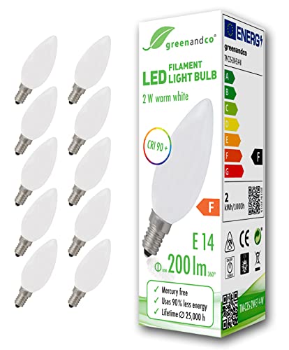 greenandco 10x CRI90+ LED Lampe ersetzt 20 Watt E14 Kerze matt, 2W 200 Lumen 2700K warmweiß Filament Fadenlampe 360° 230V AC nur Glas, nicht dimmbar, flimmerfrei, 2 Jahre Garantie von greenandco