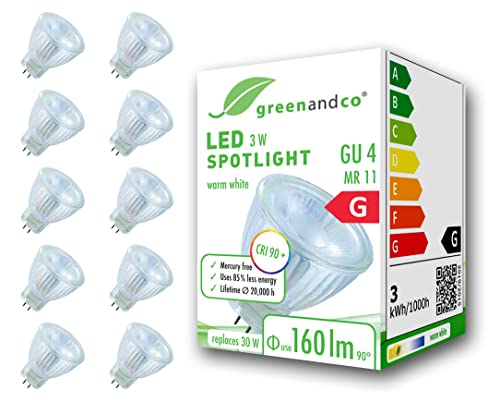 10x greenandco® CRI 90+ LED Spot ersetzt 20W GU4 MR11 Strahler, MCOB 3W 160lm 3000K warmweiß 38° 12V AC/DC flimmerfrei nicht dimmbar 2 Jahre Garantie von greenandco