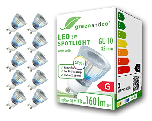 10x greenandco® CRI 90+ GU10 35mm LED Spot, 3W 160 lm 50° 3000K warmweiß 230V, flimmerfrei, nicht dimmbar, 2 Jahre Garantie von greenandco