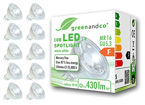 greenandco 10x MR16 GU5.3 LED Spot, 5W 430 lm 38° 3000K warmweiß COB LED 12V AC/DC, nicht dimmbar, 2 Jahre Garantie von greenandco