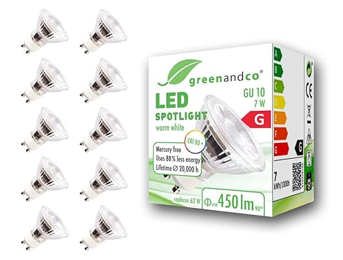 GreenAndCo 10x CRI 90+ GU10 LED Spot, 7W 450 lm 36° 3000K warmweiß 230V, flimmerfrei, nicht dimmbar, 2 Jahre Garantie von GreenAndCo