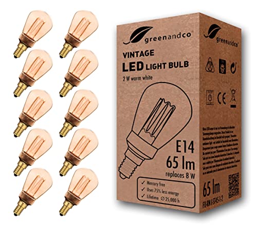 greenandco 10x Vintage Design LED Lampe zur Stimmungsbeleuchtung E14 ST45 Edison Glühbirne, 2W 65lm 1800K gold extra warmweiß 320° 230V flimmerfrei, nicht dimmbar, 2 Jahre Garantie von greenandco