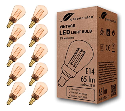 greenandco 10x Vintage Design LED Birne zur Stimmungsbeleuchtung | E14 ST45 | gold | 2W 65lm | 1800K extra warmweiß | 320° | 230V | flimmerfrei | nicht dimmbar | Edison Glühbirne von greenandco
