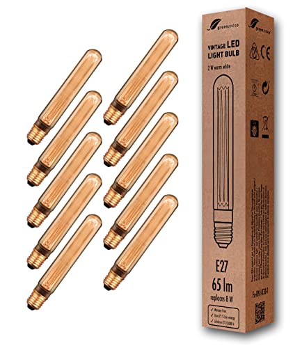 greenandco 10x Vintage Design LED Birne zur Stimmungsbeleuchtung | E27 T30 | gold | 2W 65lm | 1800K extra warmweiß | 320° | 230V | flimmerfrei | nicht dimmbar | Edison Glühbirne von greenandco