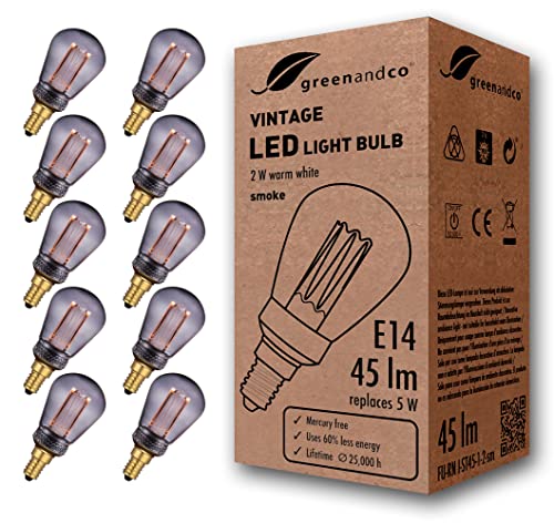 greenandco 10x Vintage Design LED Birne zur Stimmungsbeleuchtung | E14 ST45 | smoke | 2W 45lm | 1800K extra warmweiß | 320° | 230V | flimmerfrei | nicht dimmbar | Edison Glühbirne von greenandco
