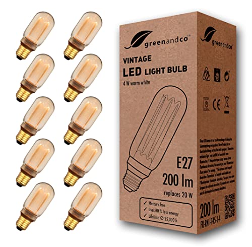 greenandco 10x Vintage Design LED Birne zur Stimmungsbeleuchtung | E27 T45 | gold | 4W 200lm | 1800K extra warmweiß | 320° | 230V | flimmerfrei | nicht dimmbar | Edison Glühbirne von greenandco