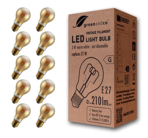 greenandco 10x Vintage Glühfaden LED Lampe gold E27 A60 3W 210lm 2000K extra warmweiß 360° 230V flimmerfrei, nicht dimmbar, 2 Jahre Garantie von greenandco