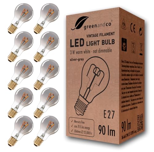 greenandco 10x Vintage Glühfaden LED Kerze | silbergrau | E27 A60 | 3W 90lm | 1800K extra warmweiß | 360° | 230V | flimmerfrei | nicht dimmbar von greenandco